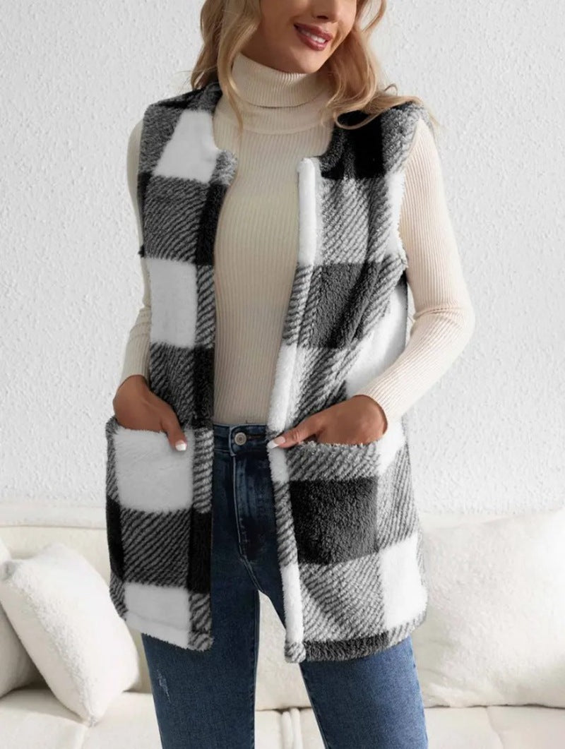 Chic Plaid Teddy Fleece Women's Vest - Cozy & Stylish