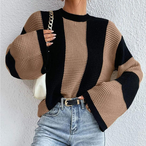 Chic Striped Bell Sleeve Knit Sweater for Women
