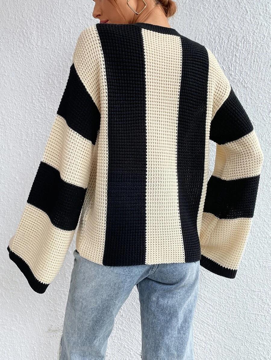 Chic Striped Bell Sleeve Knit Sweater for Women