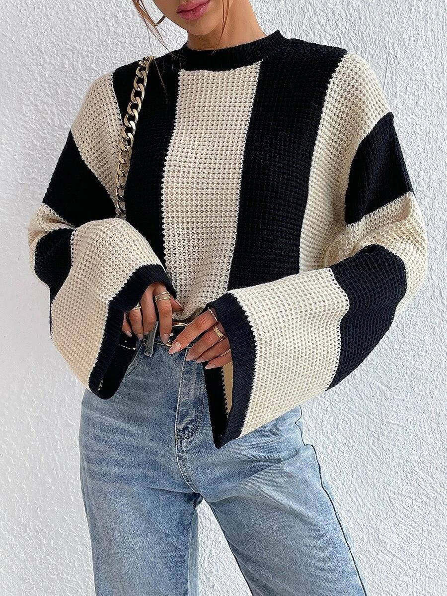 Chic Striped Bell Sleeve Knit Sweater for Women