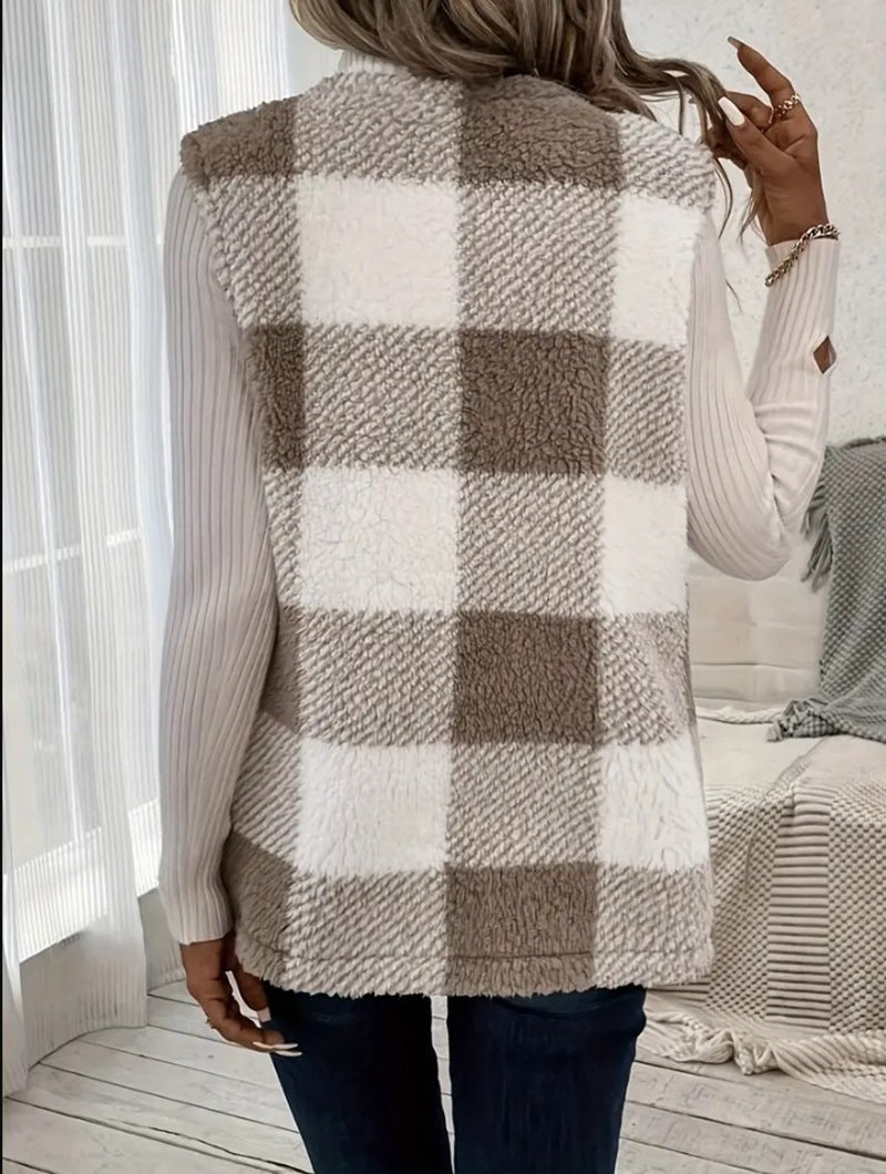 Chic Plaid Teddy Fleece Women's Vest - Cozy & Stylish