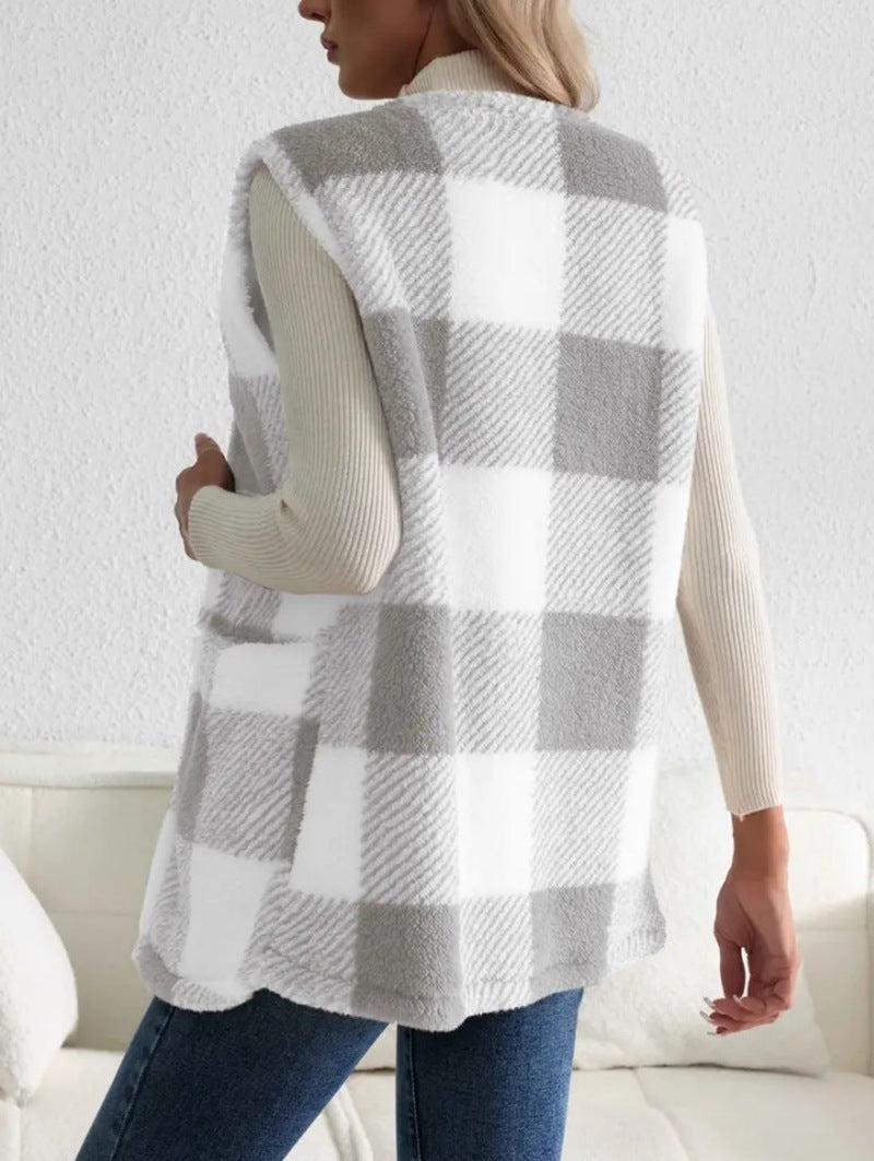 Chic Plaid Teddy Fleece Women's Vest - Cozy & Stylish