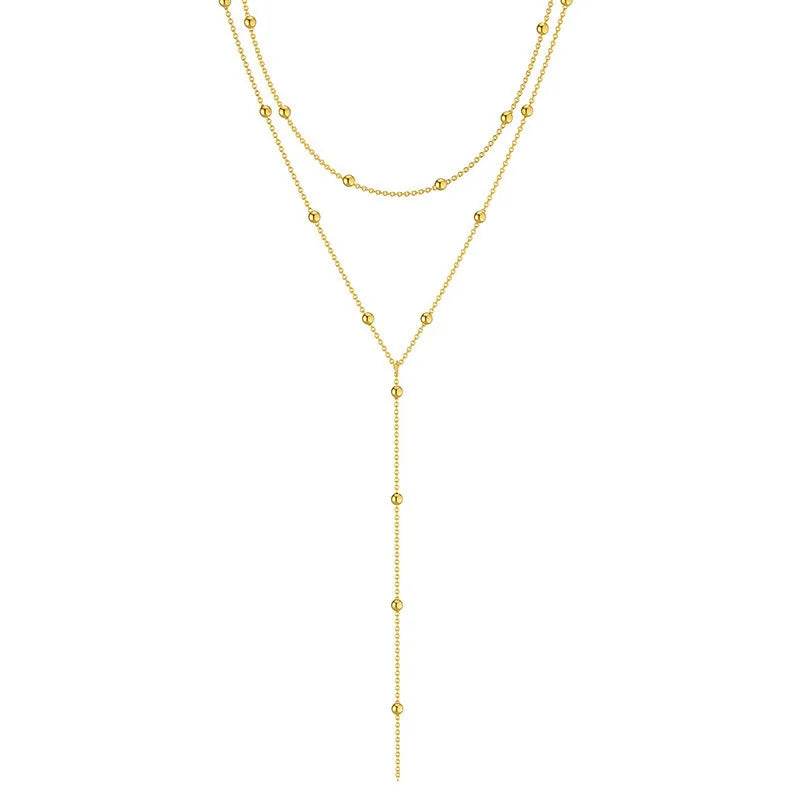 Elegant Double Layered Tassel Necklace – Geometric Beads & Zinc Alloy
