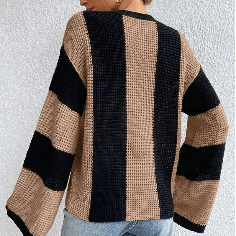 Chic Striped Bell Sleeve Knit Sweater for Women