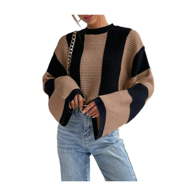 Chic Striped Bell Sleeve Knit Sweater for Women