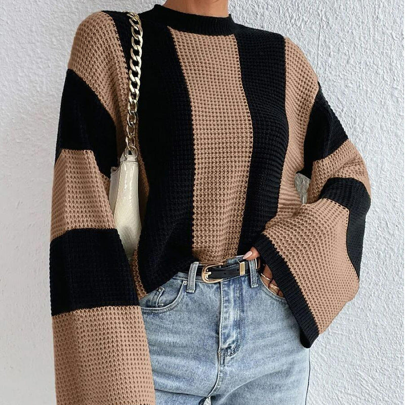 Chic Striped Bell Sleeve Knit Sweater for Women
