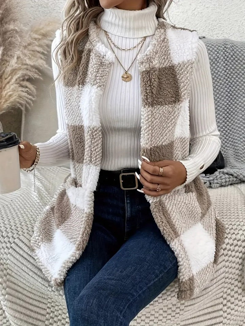 Chic Plaid Teddy Fleece Women's Vest - Cozy & Stylish