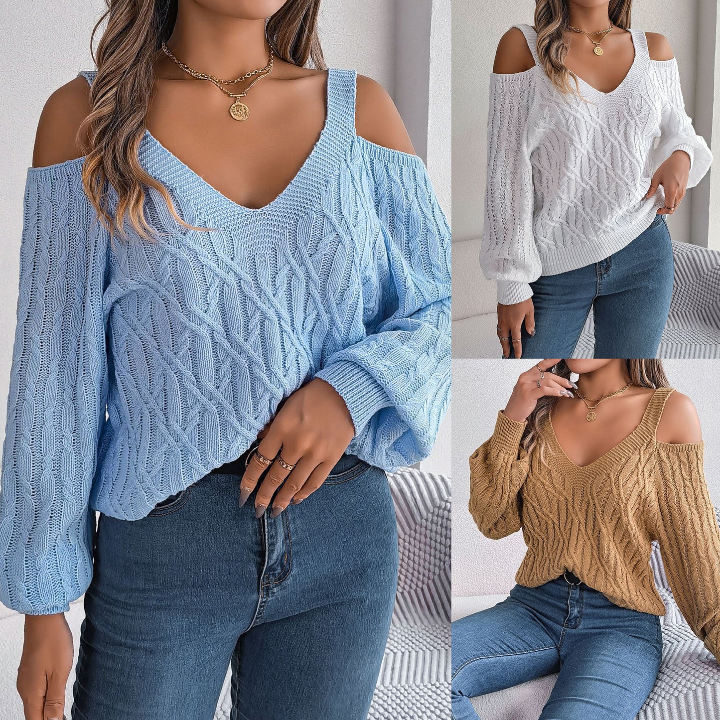 Elegant Off-Shoulder Lantern Sleeve Sweater