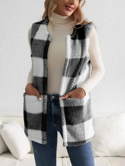 Chic Plaid Teddy Fleece Women's Vest - Cozy & Stylish