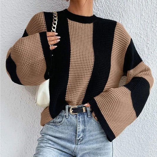Chic Striped Bell Sleeve Knit Sweater for Women
