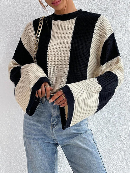 Chic Striped Bell Sleeve Knit Sweater for Women