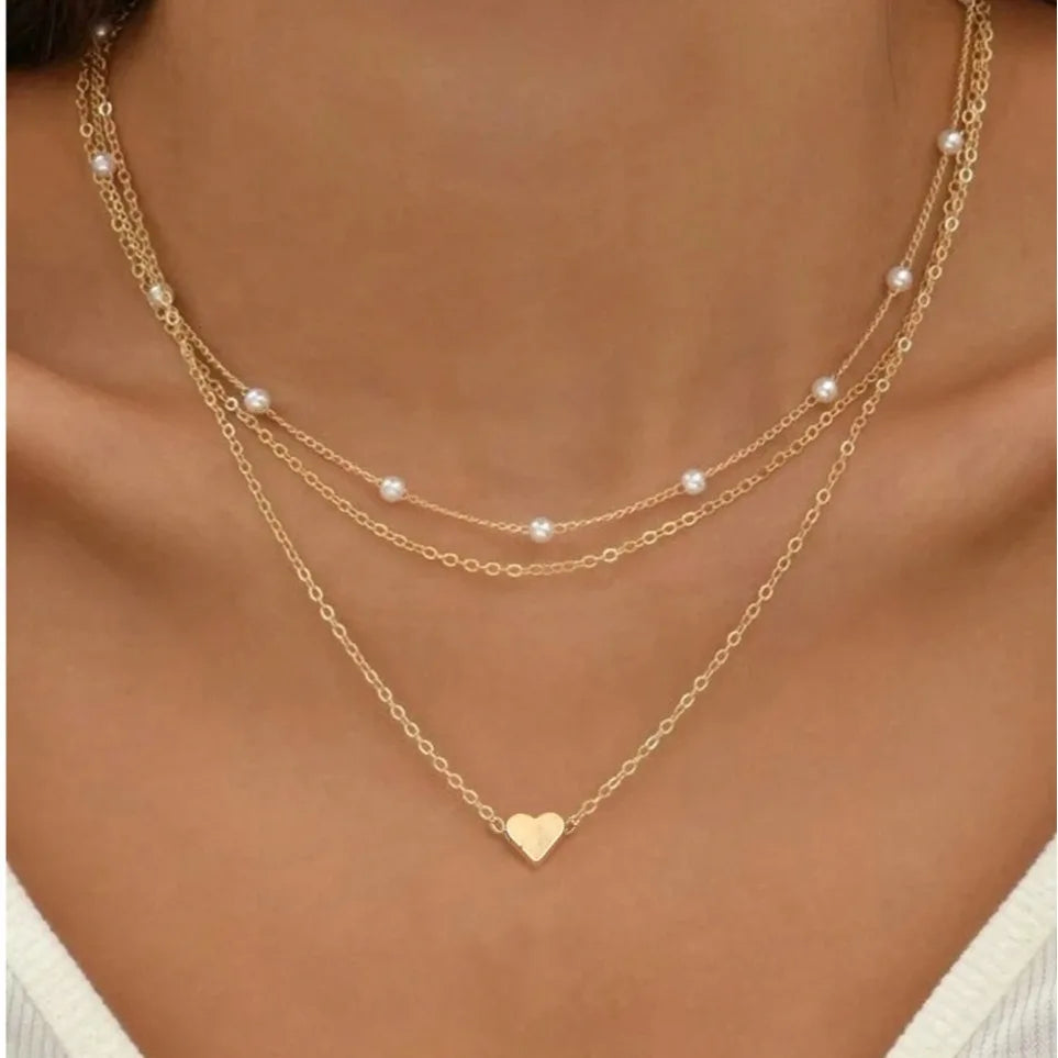 Elegant 3-Piece Pearl Necklace Set with Gold-Tone Heart Pendant