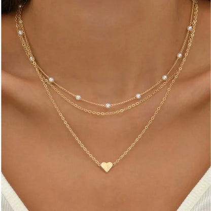 Elegant 3-Piece Pearl Necklace Set with Gold-Tone Heart Pendant