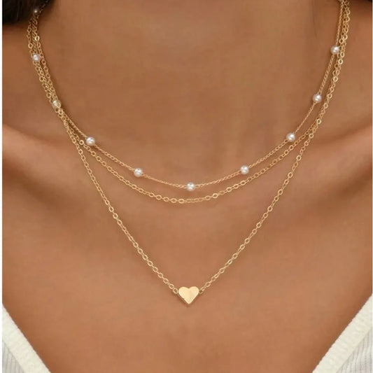 Elegant 3-Piece Pearl Necklace Set with Gold-Tone Heart Pendant