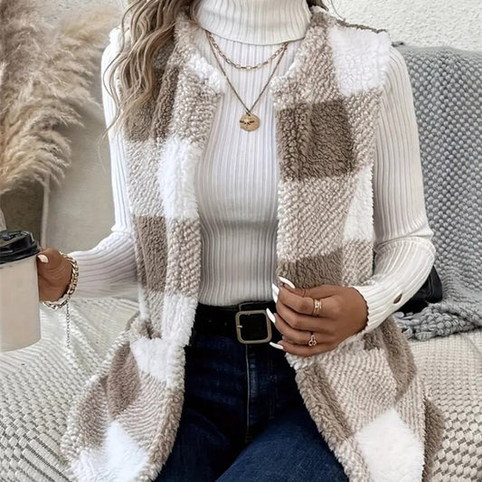 Chic Plaid Teddy Fleece Women's Vest - Cozy & Stylish