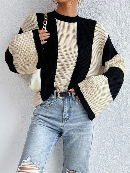 Chic Striped Bell Sleeve Knit Sweater for Women
